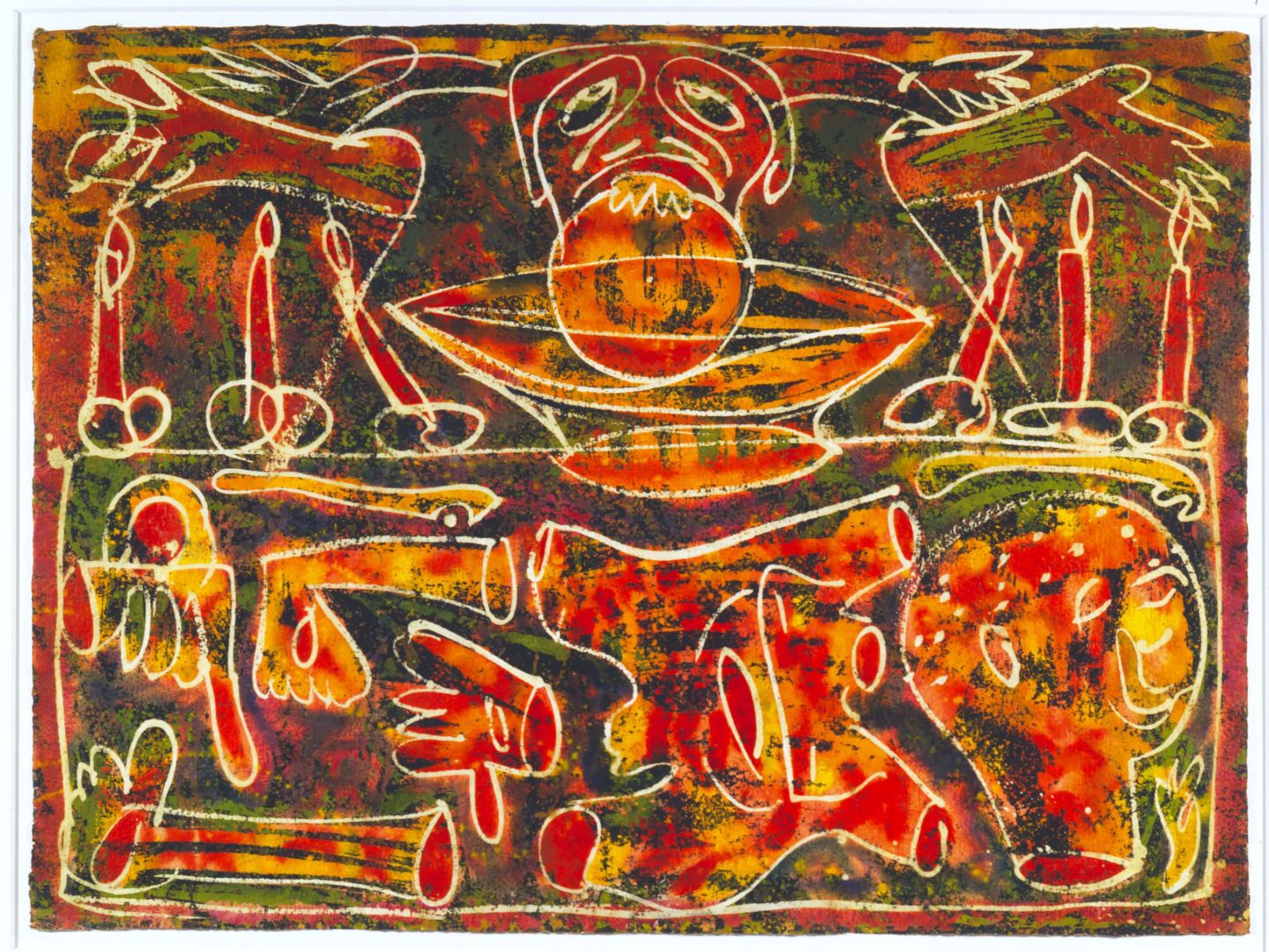 Sacrificial Meal, c. 1950 ink, wax resist, and watercolour on paper